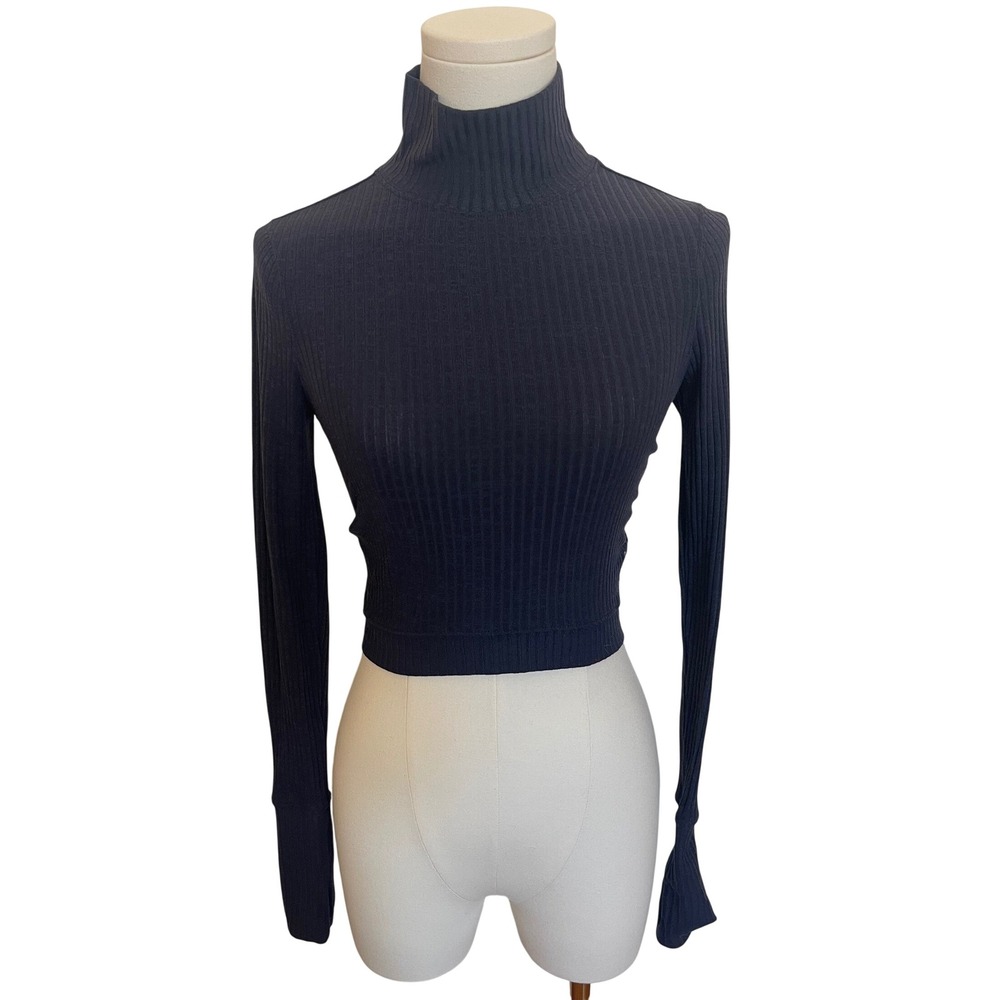 FP Movement Ribbed Long Sleeve Top Open Back Tie Waist Thumbhole Mock Neck XS